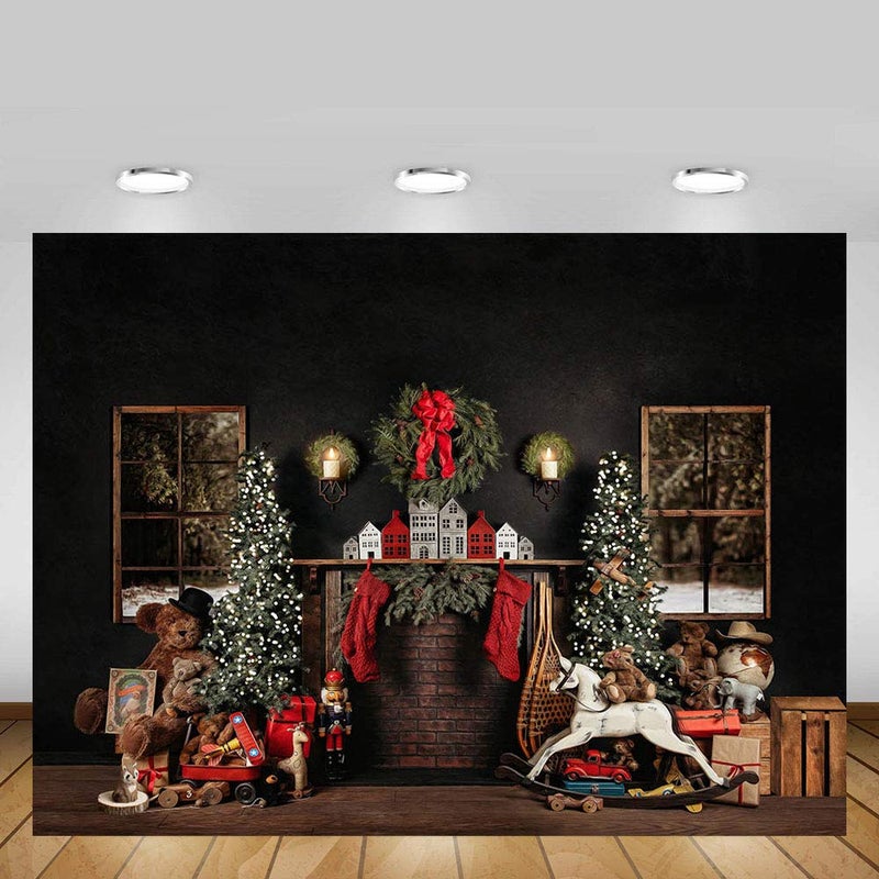 MEHOFOND 7x5ft Christmas Photography Background Christmas Tree with Fireplace Wreath Stocking Black Backdrops Winter Xmas Birthday Holiday Party Decoration Banner Photo Portrait Props - Image 2